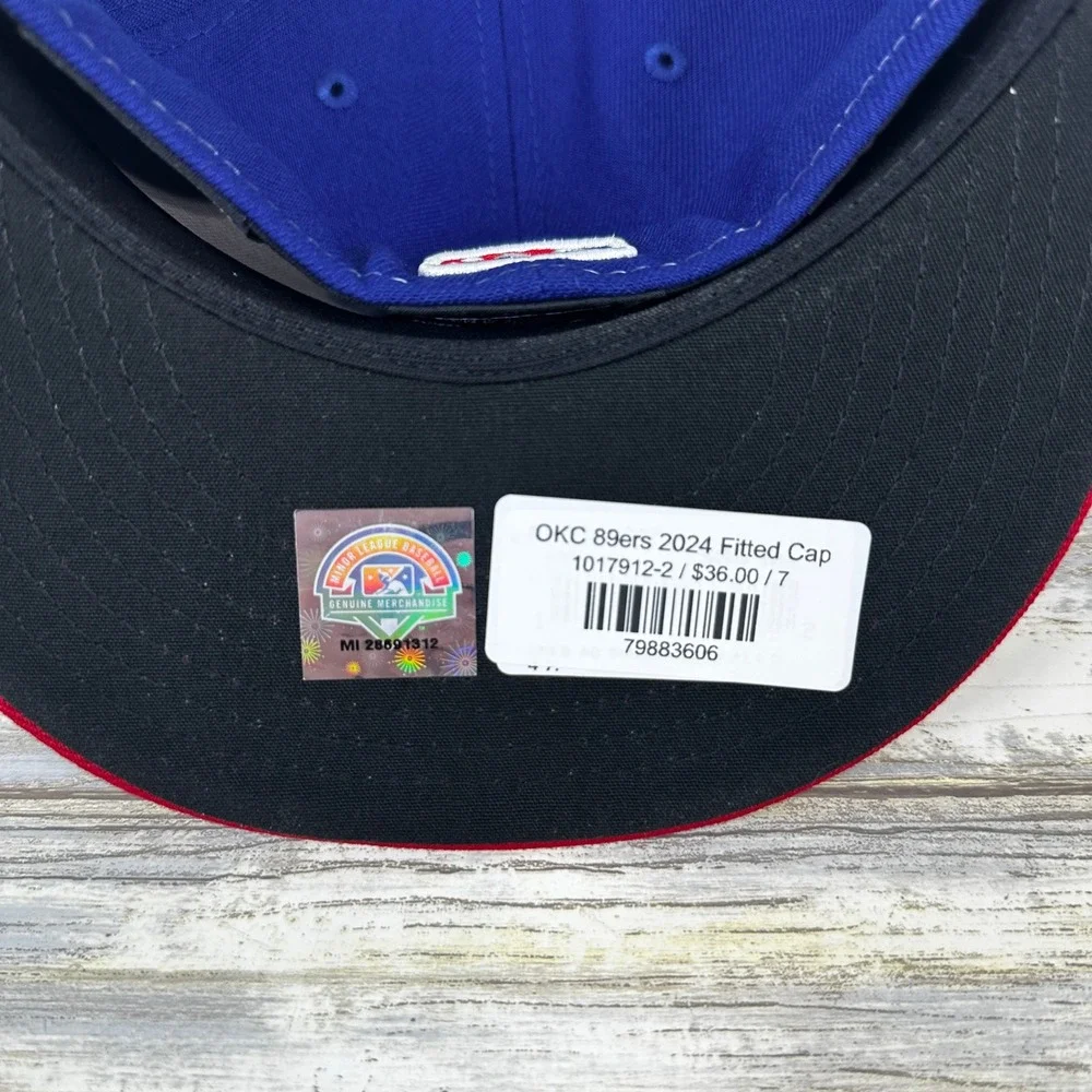 OKC 89ers Abner‎ New Era 59FIFTY MiLB Mens Fitted Hat Size 7 Red White Blue NEW